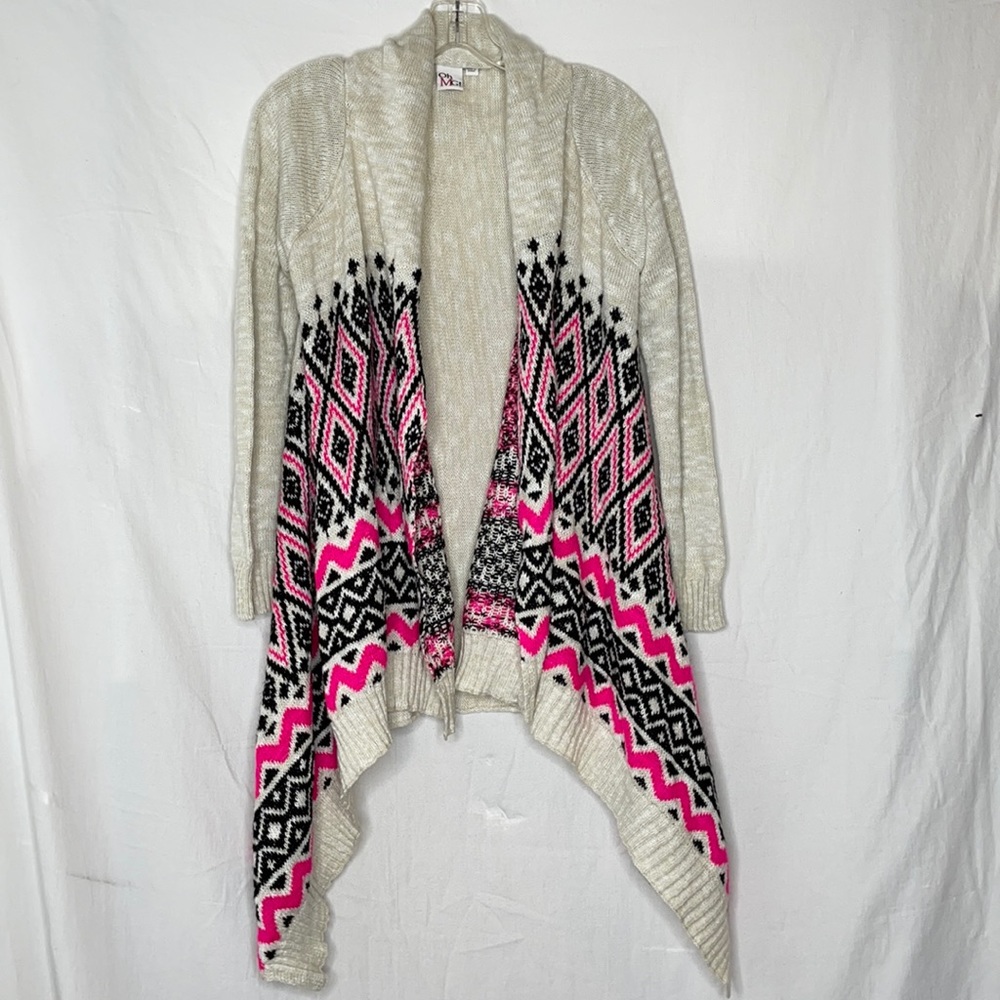 Beige cardigan with black and pink accents